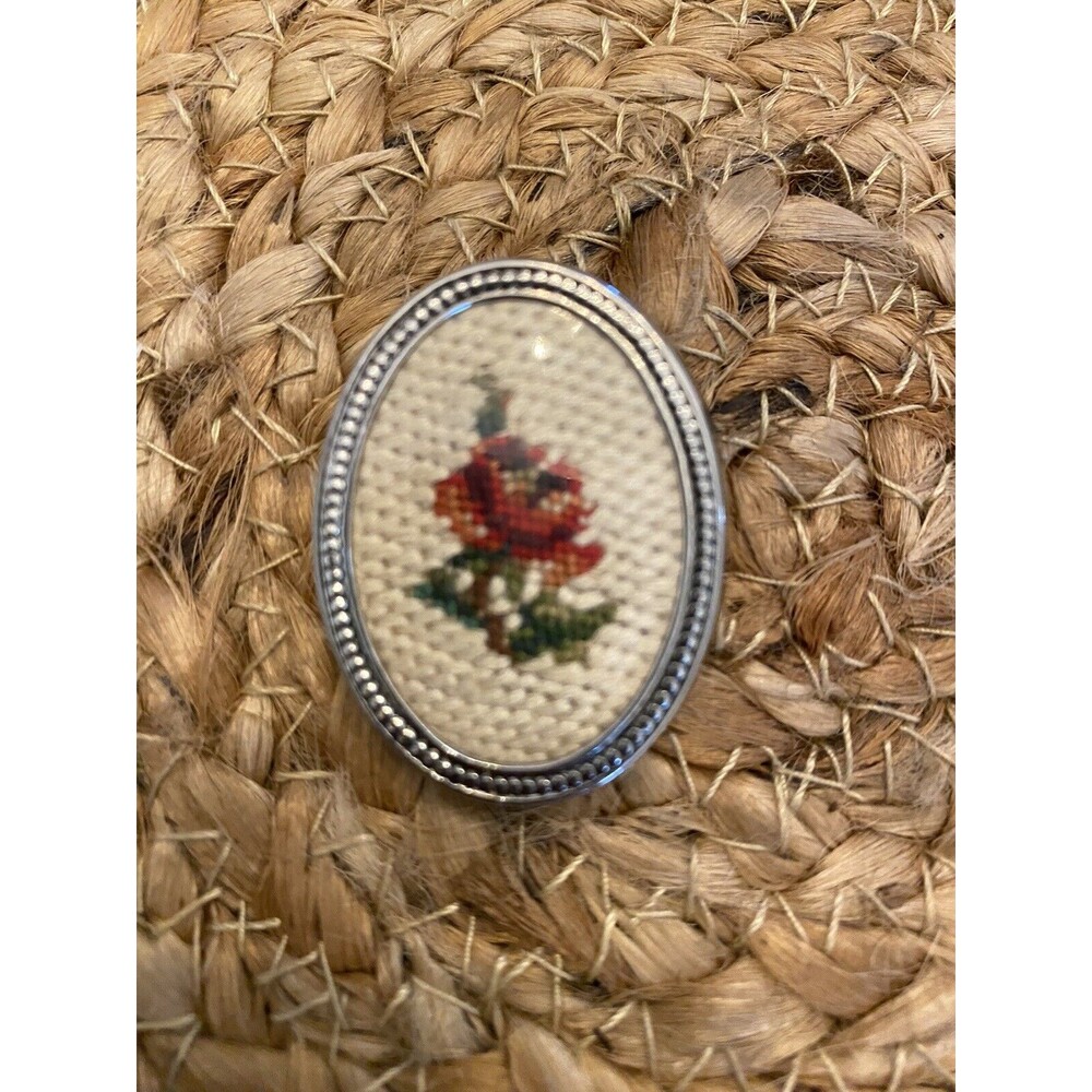 Vintage Needlepoint Flower Pin Pendant Red Rose Bud Brooch Handcrafted